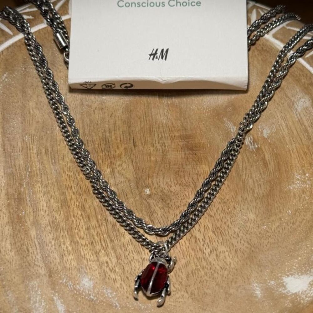 NWT H&M x Keith Haring Silver & Red Beetle Gemstone Necklace